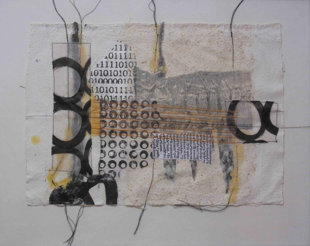 Genähtes I, 2014, Mischtechnik auf selbstgeschöpftem Papier, 43 x 52,5 cm